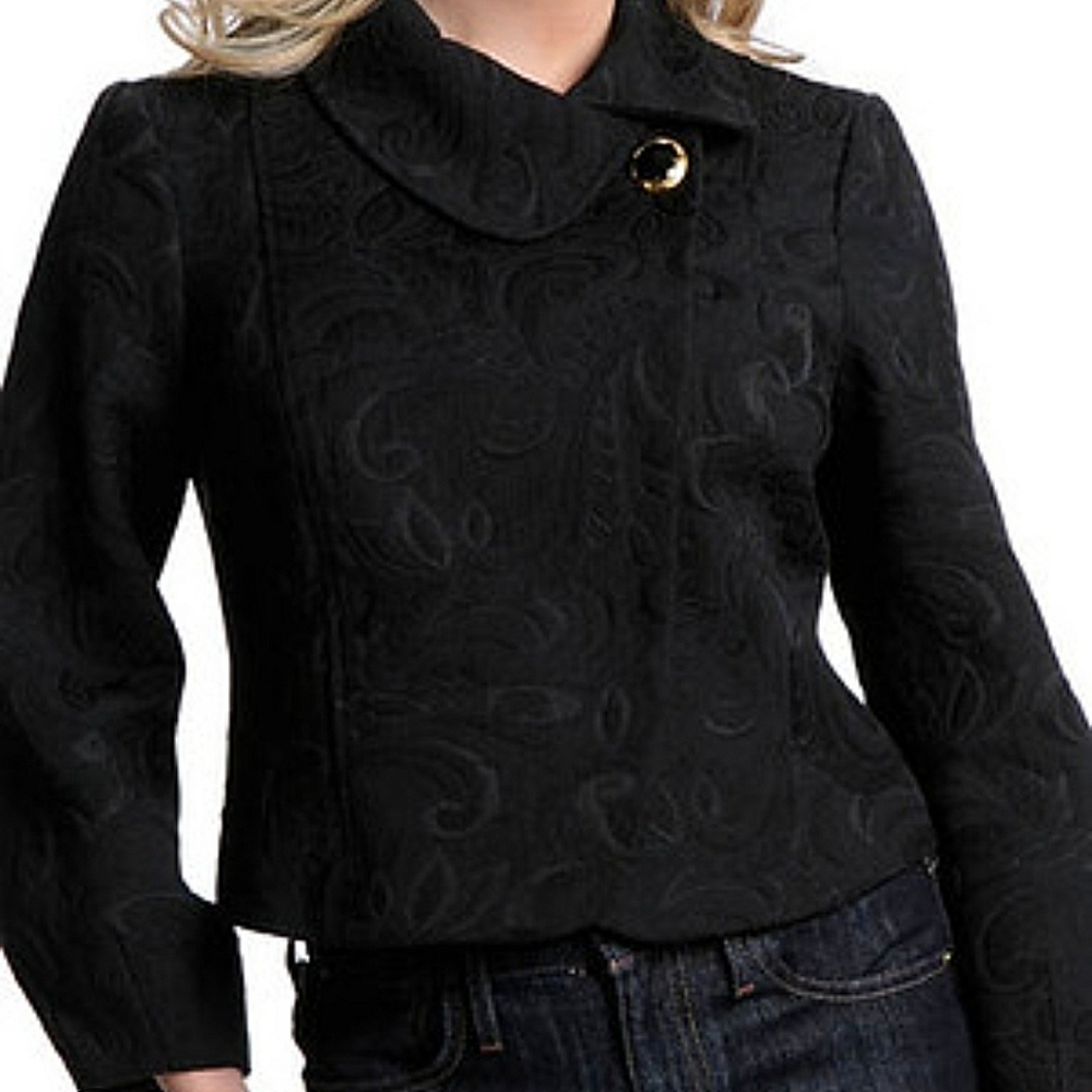 Guess Black Floral Jacquard Woven Whimsygoth Wrapped 3/4 Sleeve Cropped Jacket